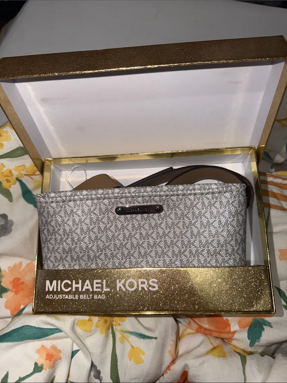 Michael Kors Metallic Silver Logo Belt Bag with Tan Strap